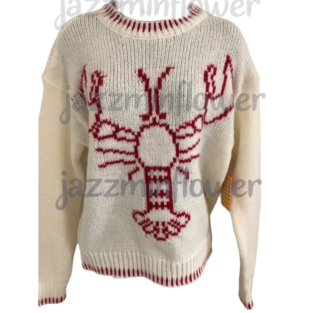 offwhite red whipstitch style lobster print crochet knit sweater size medium new